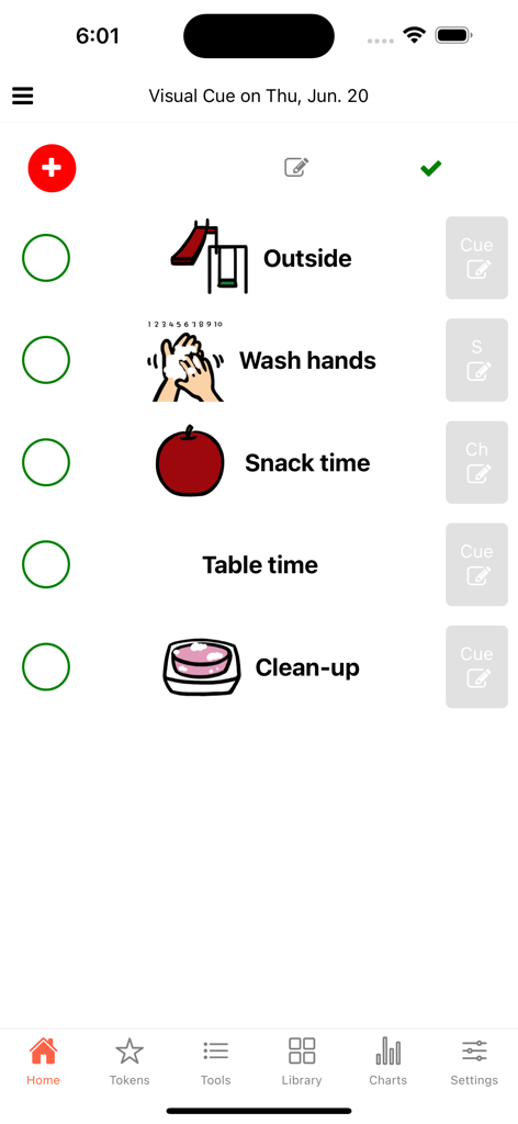 Visual Cue - A visual schedule interface in the Visual Cue app showing icons and text for daily activities like washing hands and snack time