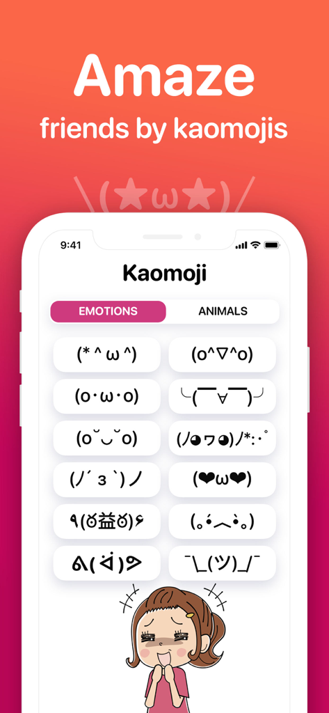 Fonts: Font Keyboard, Text Art - Mobile app screen showing a variety of kaomoji emoticons categorized under emotions for digital messaging
