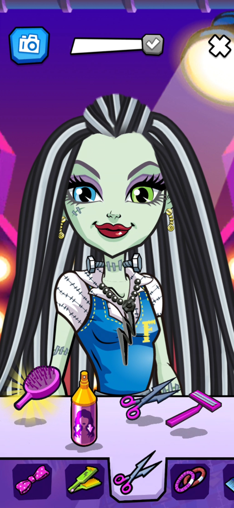 Frankie Stein from Monster High in a beauty salon game screen with hair styling tools.