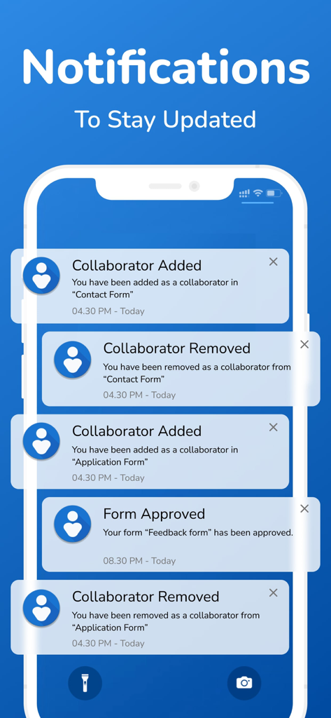 Smartphone screen showing real-time notifications for collaborator updates and form approvals in the SurveyHeart app.