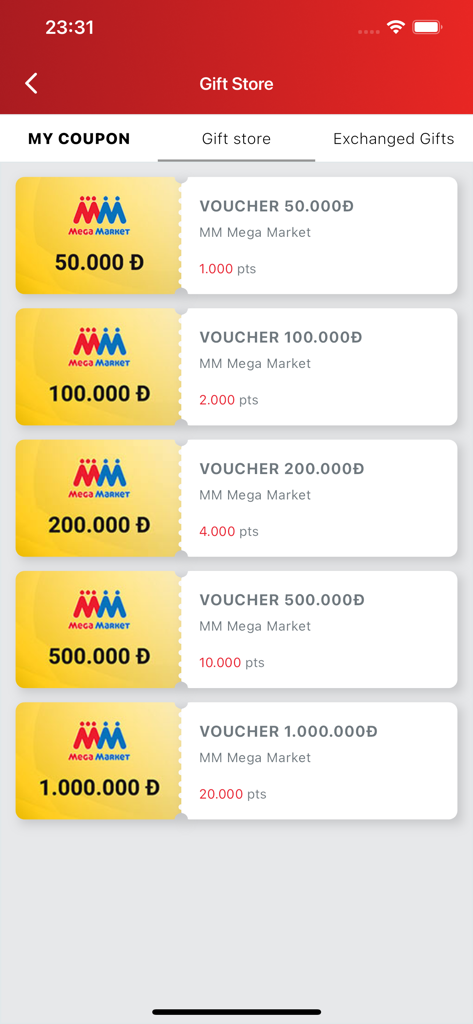 Tela da Loja de Presentes do aplicativo MCard mostrando uma lista de vouchers de compras da MM Mega Market resgatáveis com pontos de fidelidade.