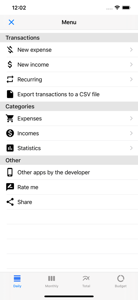 The main menu of the Expense monitor pro app displaying navigation options for transactions categories and settings