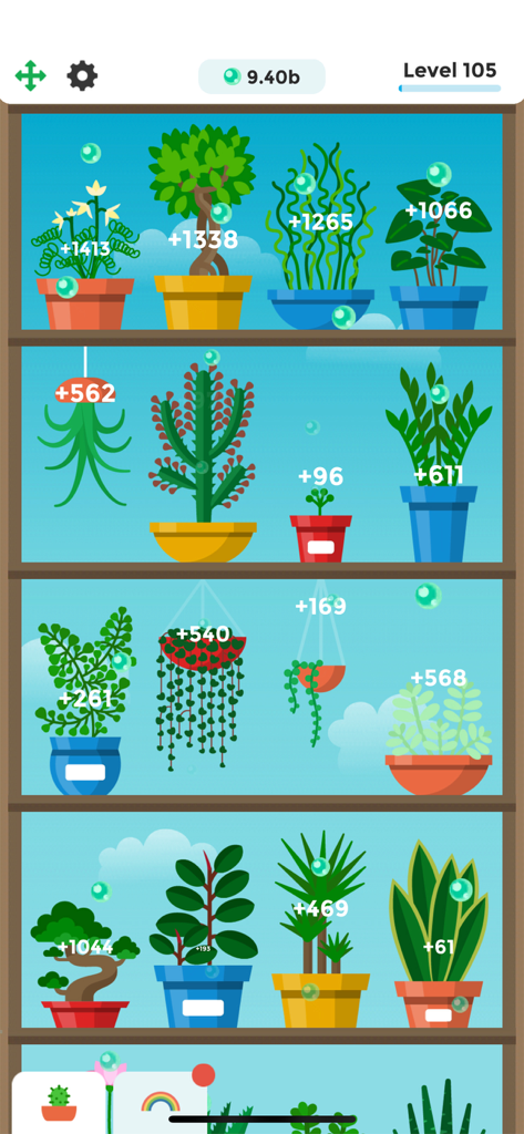 Un estante digital minimalista con varias plantas en macetas y números de ingresos de oxígeno en el juego móvil Terrarium Garden Idle.