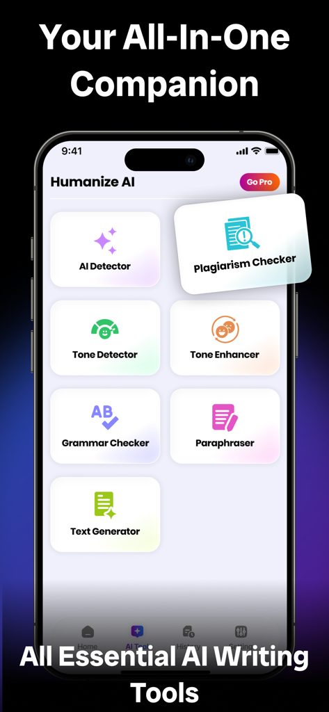 AI Humanizer - Text Rewriter - Dashboard of the AI Humanizer app showing various writing and detection tools