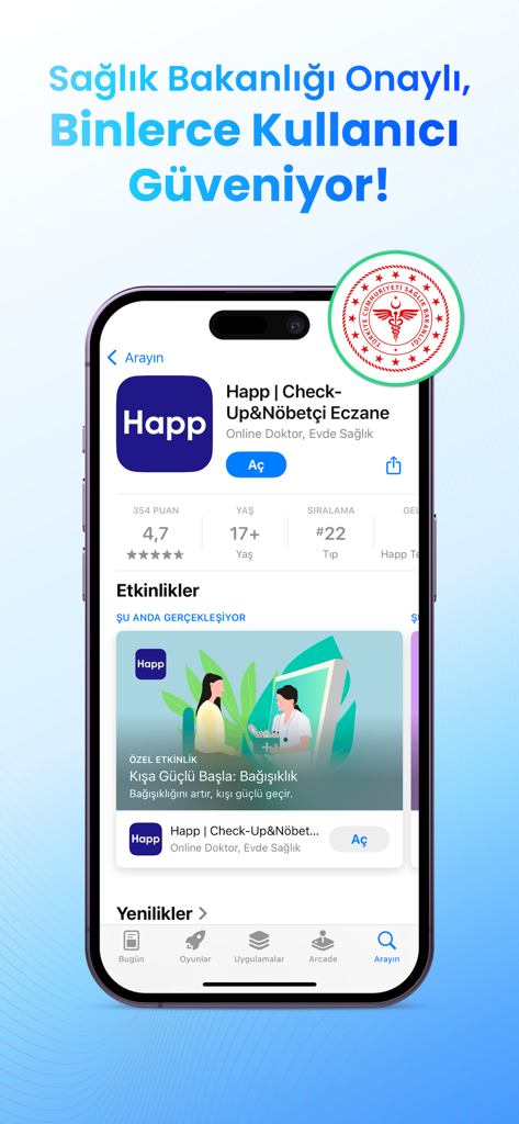Happ | Check-Up - App Store preview for Happ Health app showing user ratings and Turkish Ministry of Health certification