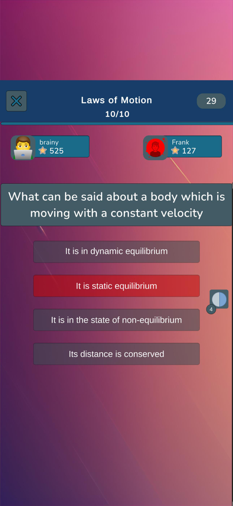 Physics Quiz - Trivia - Multiplayer physics trivia gameplay screen showing a question about Laws of Motion with incorrect answer feedback
