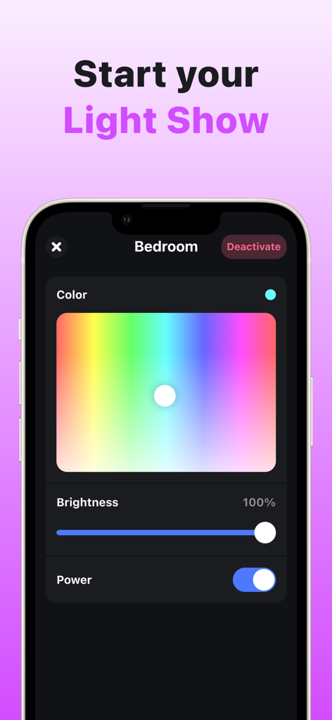 Hue Party for Philips Hue - Pantalla de iPhone que muestra la interfaz de la aplicación Hue Party para controlar los colores y el brillo de las luces inteligentes