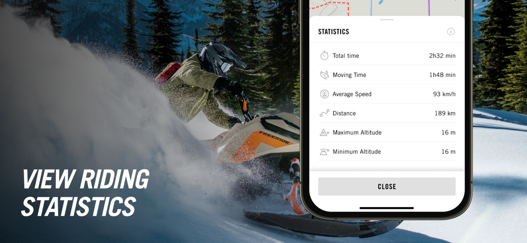 BRP GO!: Maps & Navigation - Snowmobile rider using BRP GO app to view riding statistics including speed and distance