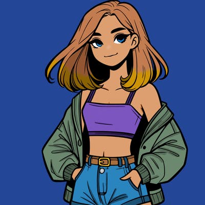 a realistic girl with a crop top and short shorts in an open jacket