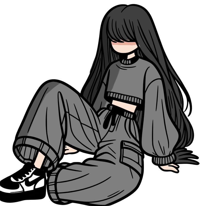 a girl with baggy pants and a crop top with long hair