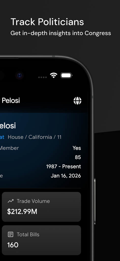 Quiver Quantitative - Interface do aplicativo móvel Quiver Quantitative mostrando dados de negociação do Congresso e volume de negociação de um político