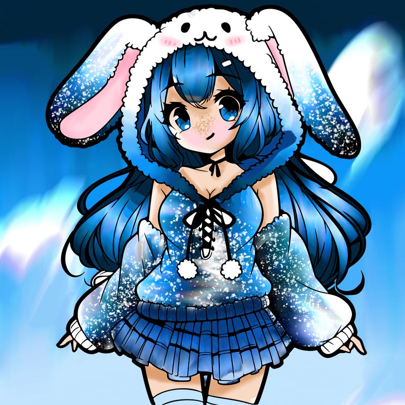 pretty anime girl wearing a fluffy hoodie with bunny ears on the hood and a skirt