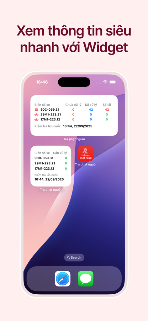 Tra cứu phạt nguội toàn quốc - iPhone home screen showing widgets from the Tra Cuu Phat Nguoi app with vehicle violation status