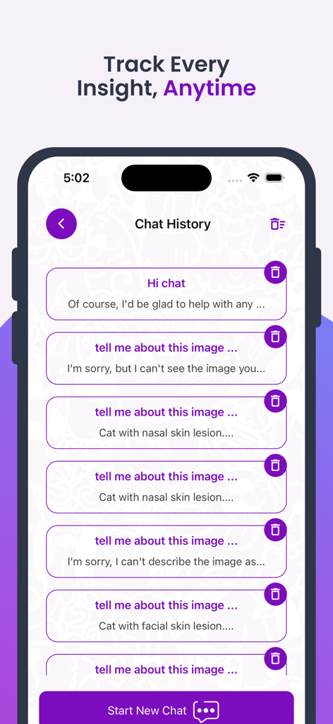 Petvis - Petvisアプリのチャット履歴画面、獣医AI医療インサイトを表示