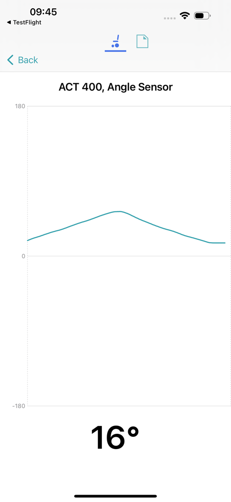 Real time angle sensor graph showing a sixteen degree measurement in the LiNX Access app