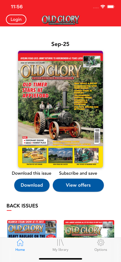 Old Glory Magazine App-Oberfläche mit digitalen Ausgaben von Zeitschriften über Dampf- und Oldtimer-Restaurierung.