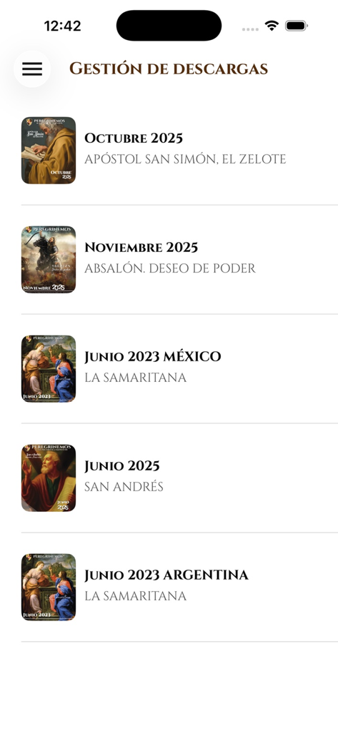 Peregrinemos - Una lista de números mensuales de la revista católica para descargar en la pantalla de gestión de descargas de la aplicación Peregrinemos.