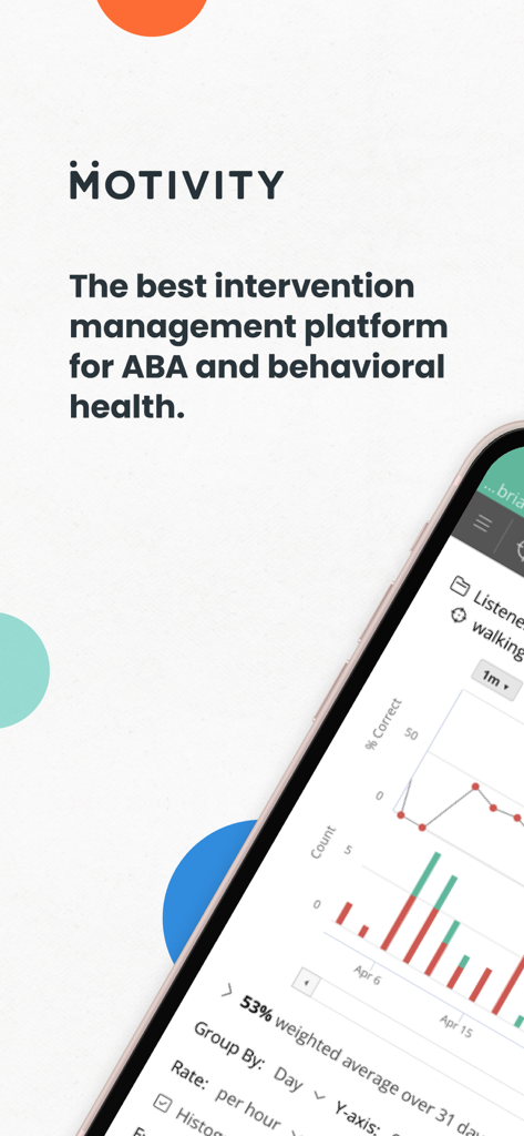 Motivity - ABA Data Collection - Motivity app screen showing clinical data graphs and behavioral health metrics for ABA therapy.