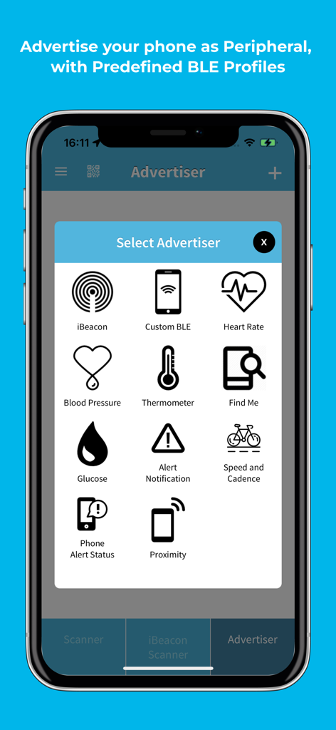 BLE Scanner 4.0 - BLE Scanner 4.0 앱 화면에 Heart Rate 및 iBeacon과 같은 사전 정의된 Bluetooth 프로필을 사용하여 휴대폰을 주변 장치로 광고하는 옵션이 표시됩니다.