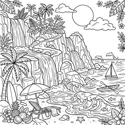 Immerse yourself in a vibrant summer getaway with this captivating coloring page featuring majestic coastal waterfalls. Discover sandy beaches, tropical elements, and ocean adventures waiting for your creative touch.