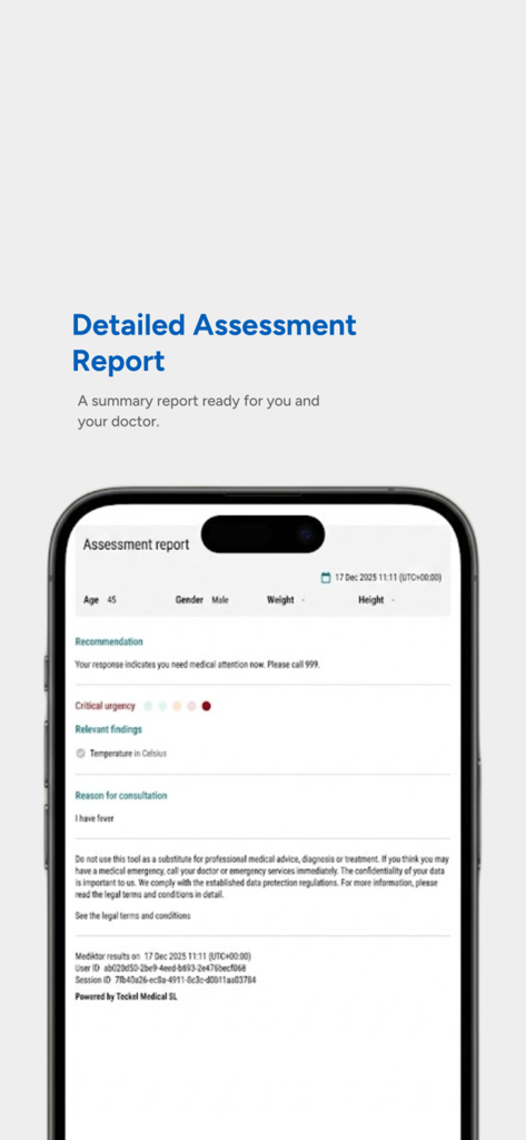 A detailed medical assessment report on the AskFirst app showing health summary and clinical recommendations
