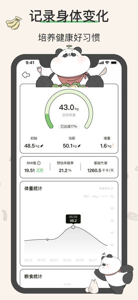 想瘦Life-减肥轻断食禁食体重管理饮食记录热量计算减肥软件 - A mobile health app dashboard showing weight tracking, BMI, body fat percentage, and a progress chart with panda illustrations.