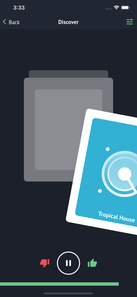LabelRadar app Discover screen featuring a swipeable card for a Tropical House music track.