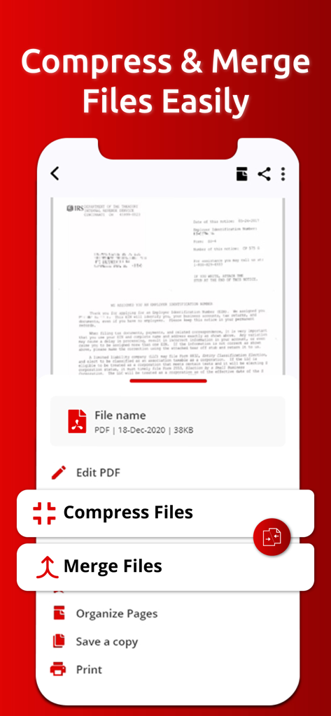 PDFファイルを圧縮および結合するオプションを表示するモバイルアプリ画面。