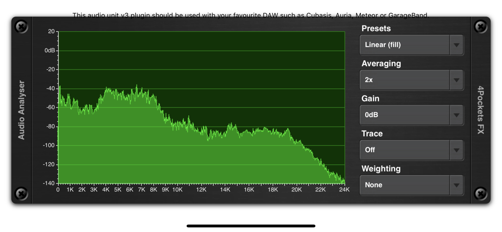 Interface of the Audio Analyser AUv3 plugin showing a real-time green frequency spectrum graph and adjustable audio settings.