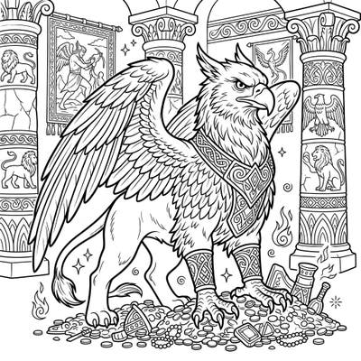 Embark on an epic coloring journey with this magnificent Guardian Griffin, fiercely protecting its ancient treasure. This intricate design offers fantasy lovers a chance to bring a legendary creature to life with vibrant colors.