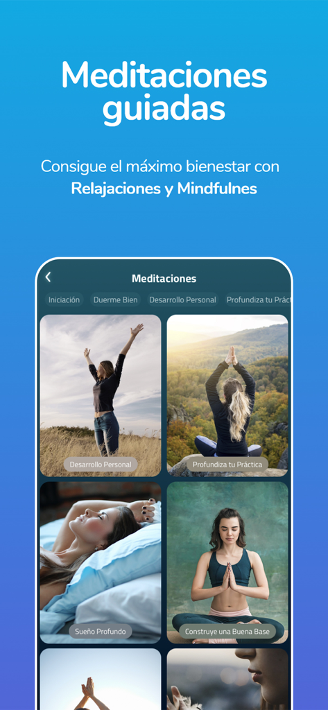 Relax Moment Dormir y Meditar - Interfaz de meditaciones guiadas de la aplicación Relax Moment con categorías en español para dormir y desarrollo personal