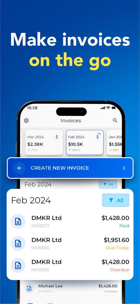 Invoice Maker - Invoice Fly - Invoice Fly app dashboard displaying monthly revenue and a list of invoices with paid and overdue status