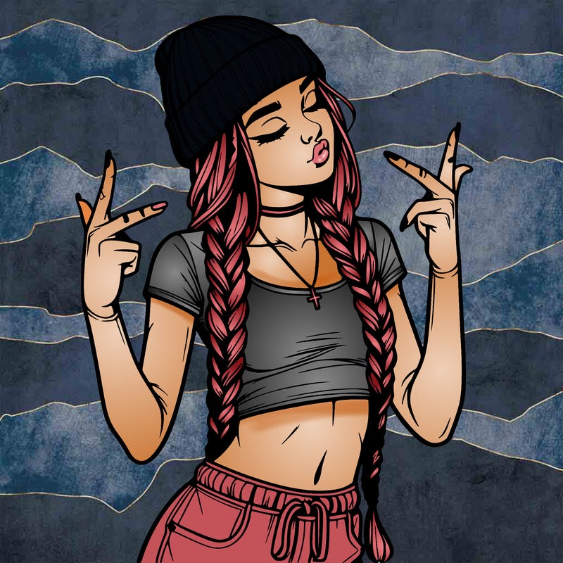 realistic teenage girl with braids and a beanie and crop top doing 🫶🏼
