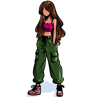 girl in baggy pants crop top and long hair