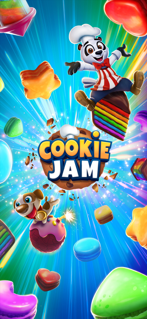 Tela inicial do jogo Cookie Jam match 3 com o Chef Panda e doces coloridos de confeitaria