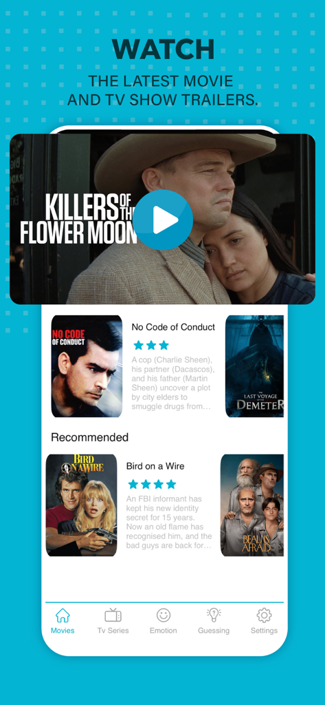MyFlixer app interface showing movie trailers and recommended films