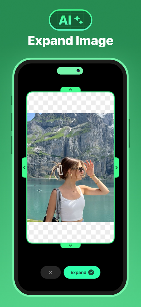 Remove Objects - Oberfläche der App 'Objekte entfernen', die das KI-Tool 'Bild erweitern' auf einem malerischen Bergfoto zeigt.