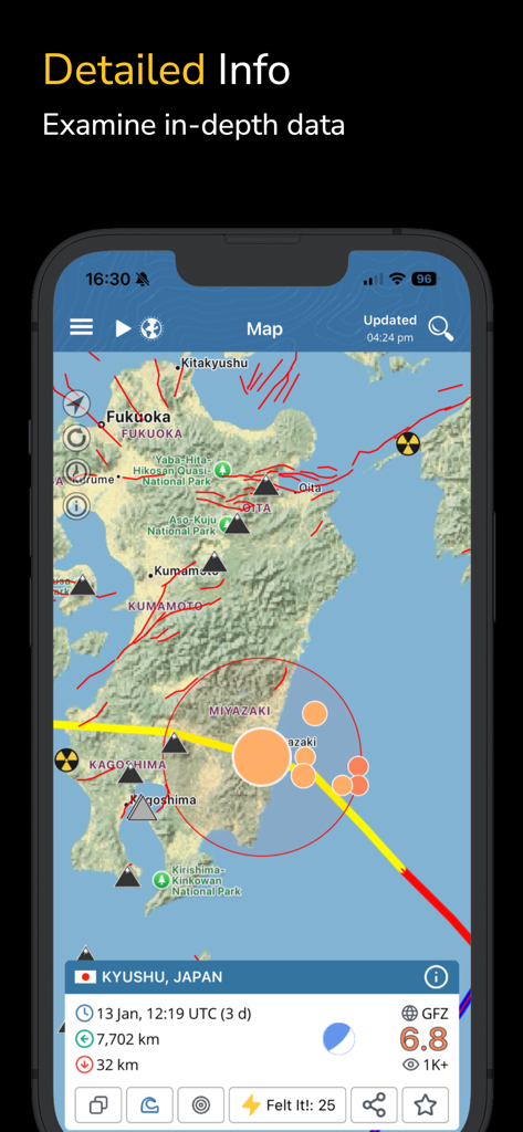Detailed seismic map in the Earthquake Plus app showing earthquake magnitude and fault lines in Japan