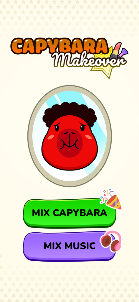 Capybara Makeover - La pantalla de inicio de la aplicación Capybara Makeover con una capibara roja y modos de juego