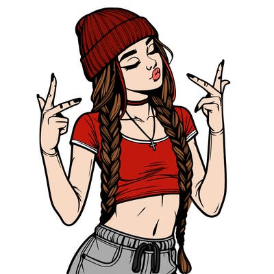 realistic teenage girl with braids and a beanie and crop top doing 🫶🏼