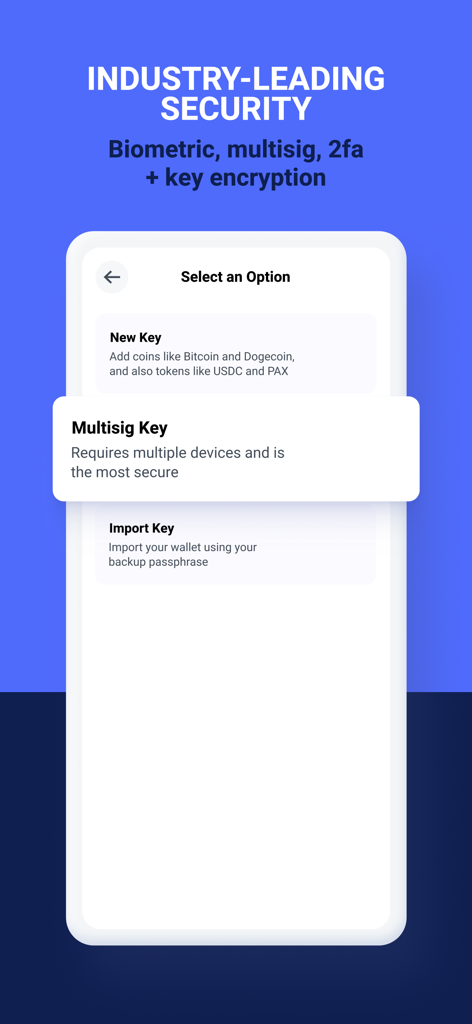 Interfaz de seguridad de la aplicación BitPay que muestra opciones de llave multifirma y encriptación biométrica