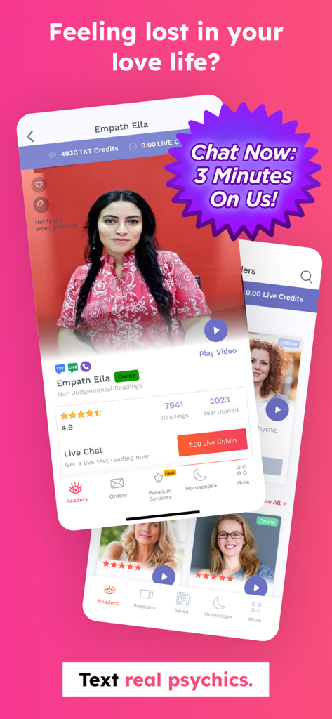 Psychic Txt - Psychic Reading - Captura de pantalla de la aplicación Psychic Txt que muestra un perfil psíquico y opciones de chat en vivo para consejos de relaciones