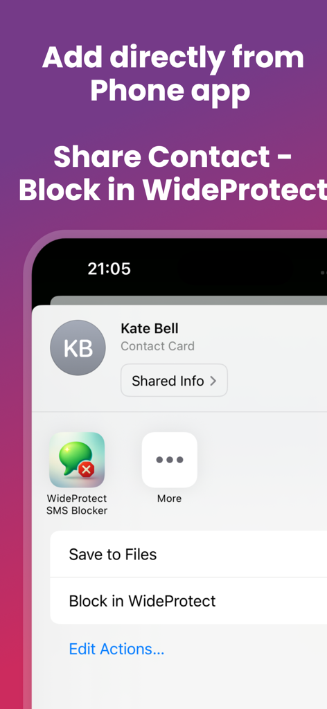 WideProtect Spam Call Blocker - WideProtect interface showing how to block a phone number directly from an iPhone contact card
