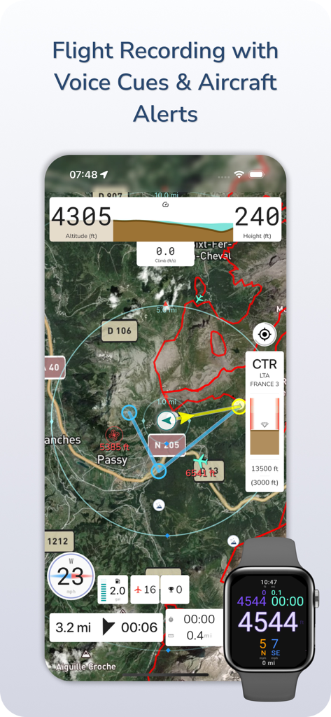 Gaggle Paragliding, Ultralight - Gaggle app interface showing flight recording with maps and Apple Watch telemetry alerts