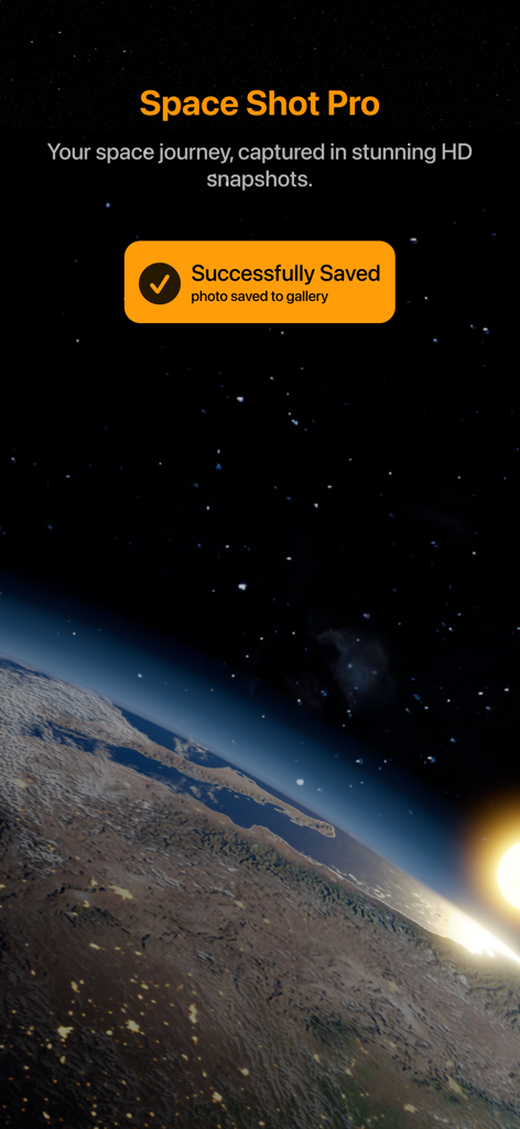 Notificación de la aplicación Space Gate confirmando que se ha guardado correctamente una instantánea HD de la Tierra desde el espacio en la galería