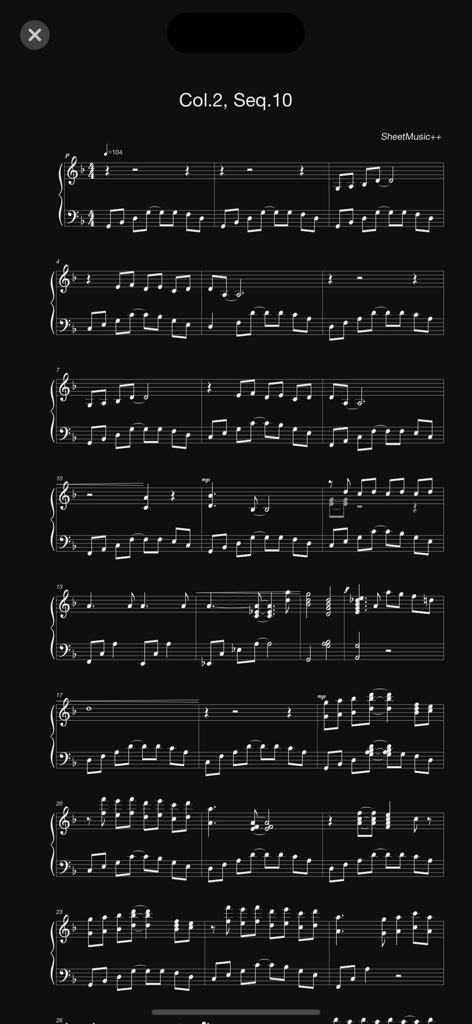 A digital piano score shown in dark mode on the Music Reader app interface