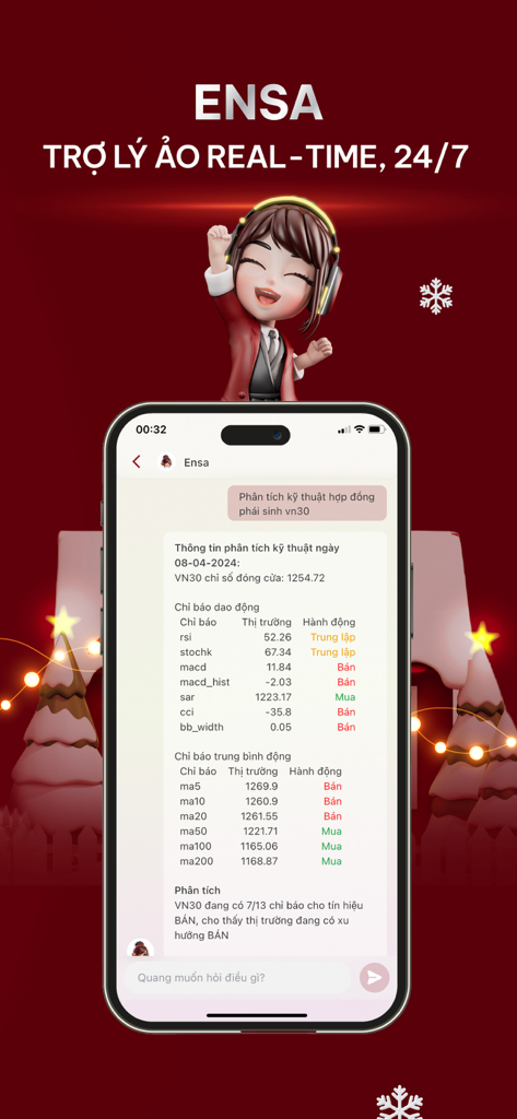 Capture d'écran de l'application Entrade X montrant ENSA, un assistant virtuel 24h/24 et 7j/7 fournissant une analyse technique en temps réel et des indicateurs du marché boursier.