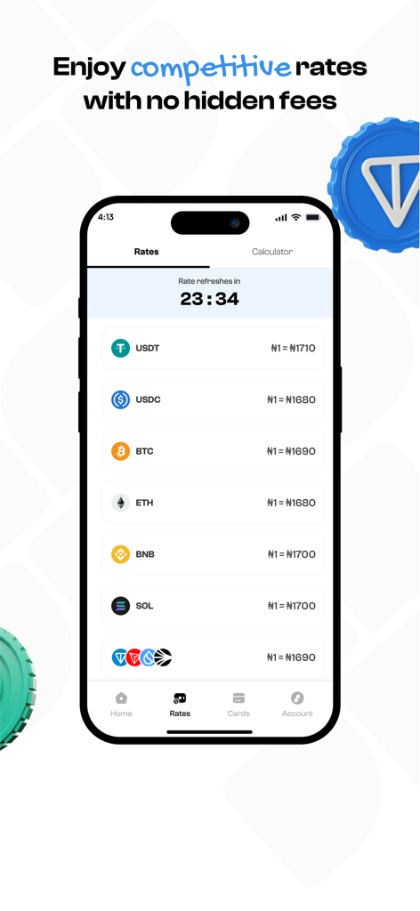 Spenda - Mobile app interface showing live cryptocurrency exchange rates for Nigerian Naira