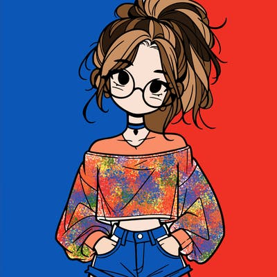 girl with a messy ponytail glasses a baggy crop top and jean shorts