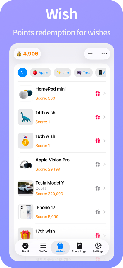 BetterWe - Habit Todo Wish - BetterWe app screen showing a gamified reward system where points earned from habits are redeemed for personal wishes like tech gadgets